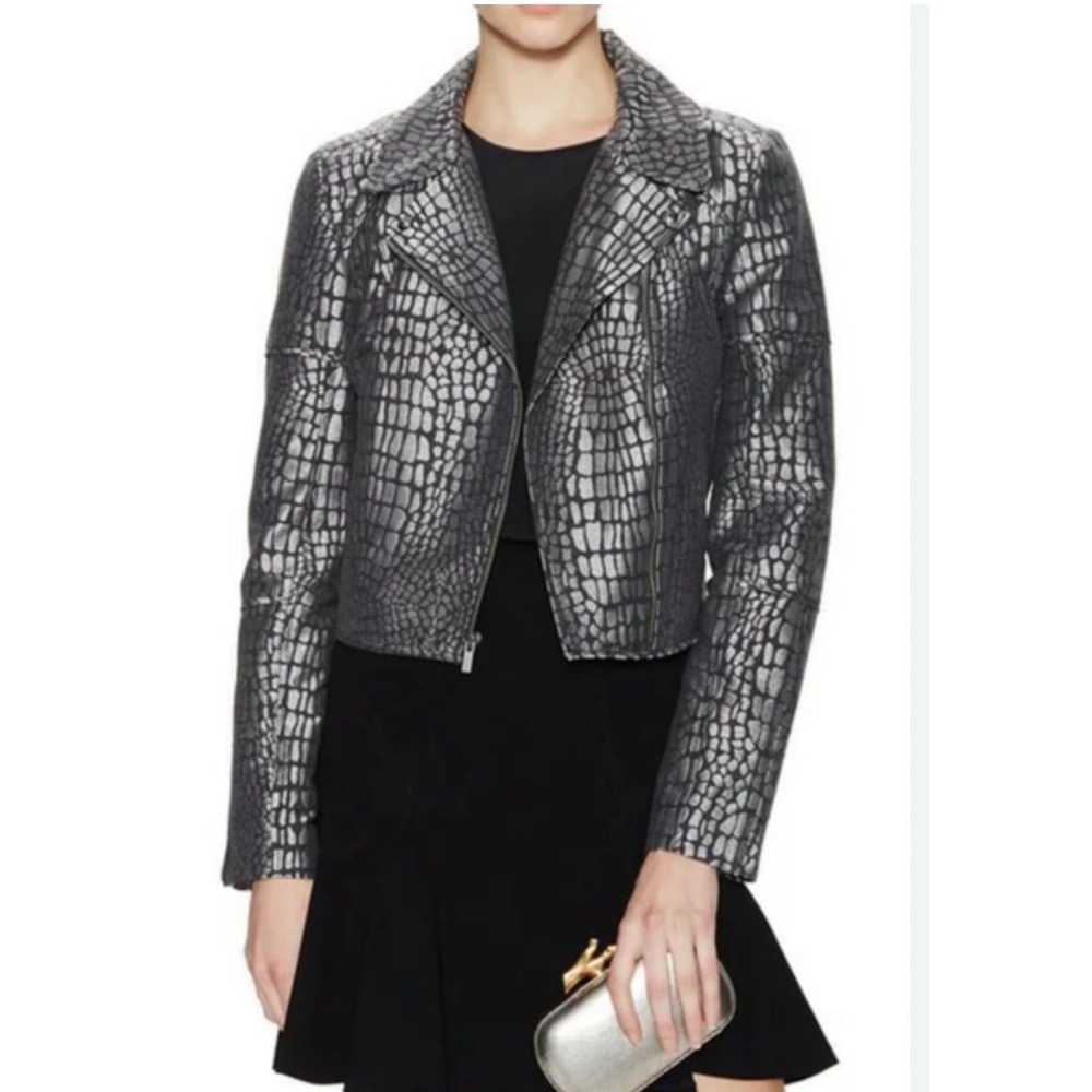 Diane Von Furstenberg DVF Angie Nightfall Silver Metallic Moto Jacket Sz 2 snake